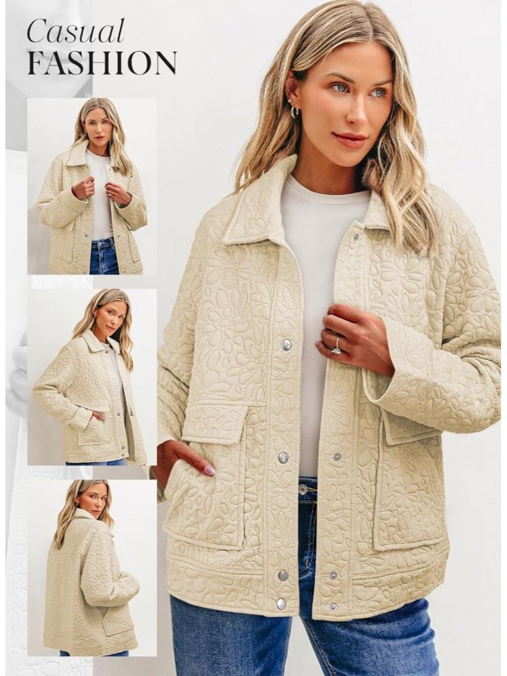 〽️Women Beige Casual Warm Winter Long Sleeve Jacquard Turn Down Collared Shacket - Picture 4 of 6